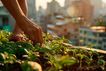 Hands planting in an urban farm on a terrace, with a blurred cityscape in the background