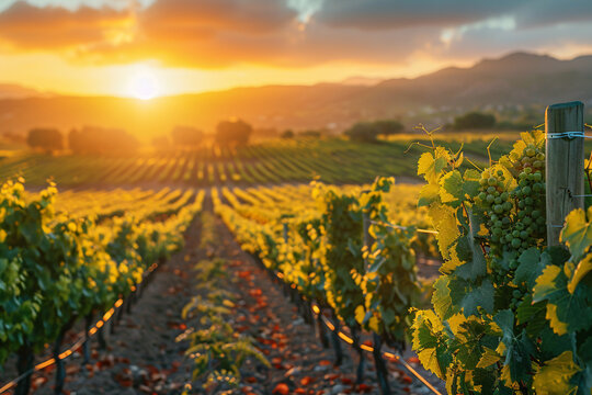 Vineyard at dusk with sun setting behind hills. Warm evening tones on wine-producing grapes. Scenic viticulture landscape photography. Design for tourism brochure, article backdrop