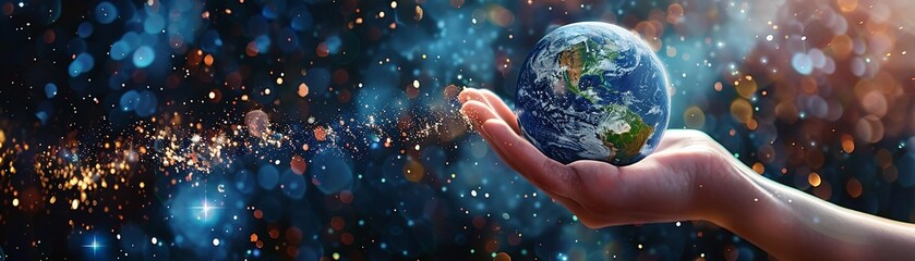 A hand cradling the Earth against a galaxy backdrop close-up on particles of cosmic dust - obrazy, fototapety, plakaty