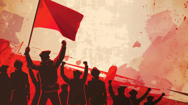 watercolor illustration, vintage postcard,  Labor Day, International Workers' Solidarity Day, workers' demonstration, silhouettes, copy space for text