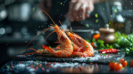 seafood professional cook prepares shrimps with spri