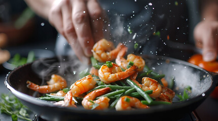 seafood professional cook prepares shrimps with spri