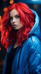 Drenched in ruby radiance, the influencer dons a trendy oversized bomber, featuring her cobalt-colored hair and mesmerizing deep-blue eyes. Cobalt-colored. Trendy.
