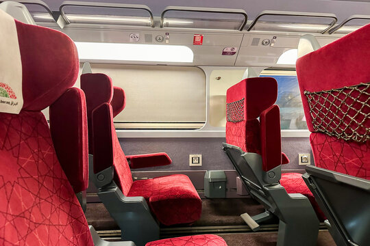 Comfy seats inside the first class cabin of Al Boraq high speed train in Morocco