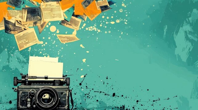 watercolor illustration, vintage postcard, World Press Freedom Day, retro typewriter, flying manuscripts, copy space, free space for text - Powered by Adobe