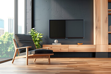 modern tv room with a chair at the foreground, 