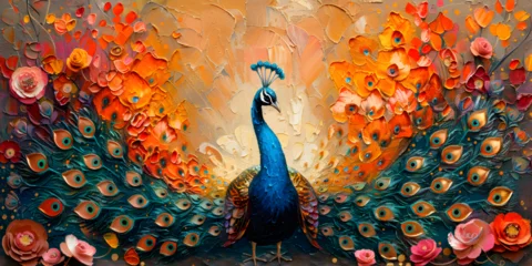 Fotobehang Peacock with colorful feathers on the background. Digital painting. © hamzarao