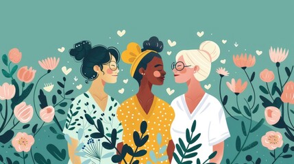 watercolor illustration, vintage postcard, International Women's Day, International Midwives' Day, women talking among flowers, green background - obrazy, fototapety, plakaty