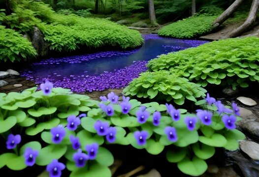 A tapestry of purple and blue wild violets dotted throughout the lush greenery surrounding a hot spring, their tiny blooms adding a touch of whimsy to the scene.