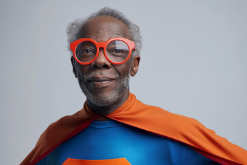 Confident Senior Superhero in Vibrant Costume Posing