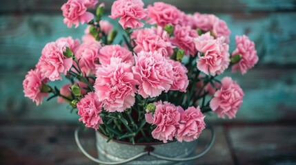 A vase of pink carnations sits on a wooden table. The flowers are arranged in a way that they are all facing the same direction, creating a sense of harmony and balance