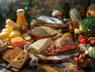 A table full of food including fish, cheese, and vegetables. Scene is inviting and appetizing
