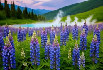 Deep violet lupines standing tall against the backdrop of a steamy hot spring, their clusters of...