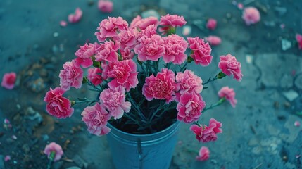 A bucket full of pink flowers is sitting on a concrete surface. The flowers are arranged in a way that they are all facing the same direction, creating a sense of harmony and balance