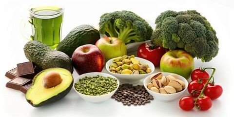 A variety of fruits and vegetables are displayed on a white background, including apples, broccoli, and tomatoes. Concept of health and wellness, as these foods are known to be nutritious