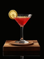 A martini glass with a lemon slice in it. The glass is on a wooden base. Concept of sophistication and elegance, as the martini glass is a classic cocktail drink often associated with upscale events