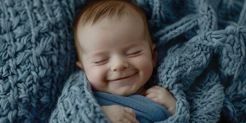 A baby is sleeping in a blue blanket. The baby is smiling and he is happy. The blanket is blue and has a pattern of knots