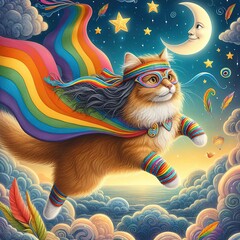 rainbow cat flying in the clouds