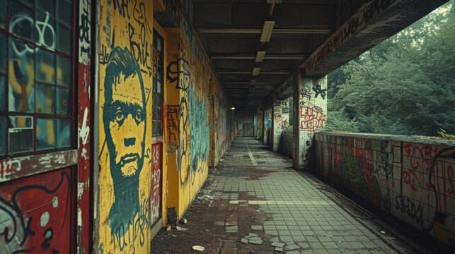 A dimly lit urban passageway, its walls adorned with expressive graffiti and the visage of a man, evoking a moody ambiance.