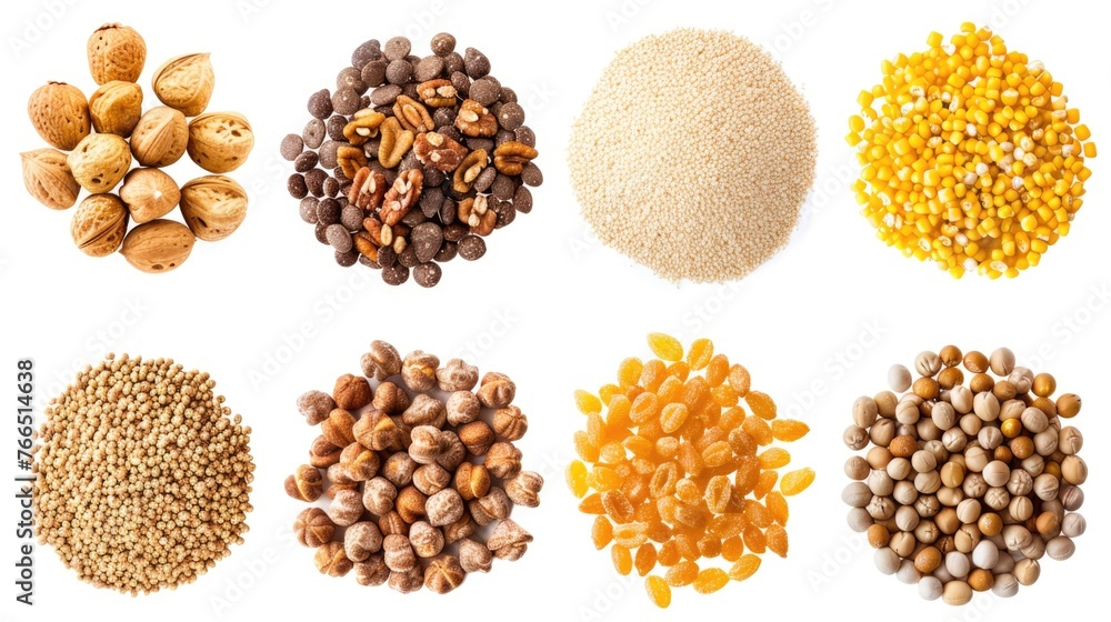 Poster a variety of nuts and seeds are shown in different sizes and shapes. concept of abundance and divers