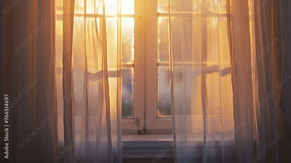 Poster a window with white curtains is open to let in the sun. the curtains are drawn back, revealing the i