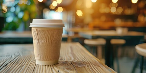 A coffee cup sits on a wooden table in a cafe. The cup is covered in a brown paper sleeve, and the table is surrounded by chairs. Concept of relaxation and leisure, as people can enjoy their coffee