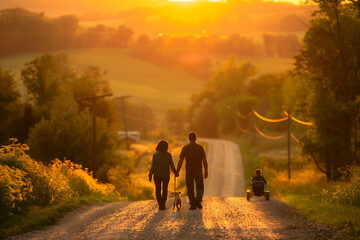 A couple walking hand in hand at sunset with their dog and child