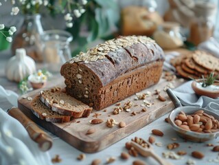 A loaf of bread with walnuts on top of a wooden cutting board