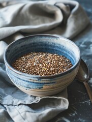 A bowl of brown and white seeds sits on a table. The bowl is blue and white with a blue stripe