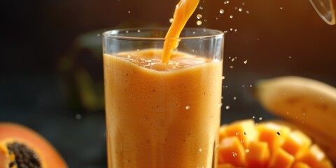 A glass of orange juice is poured into a glass. The juice is orange and has a splash of banana in it