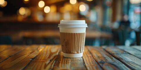 A coffee cup with a white lid sits on a wooden table. The cup is filled with coffee and has a brown sleeve. The scene is set in a cafe, with other tables and chairs visible in the background