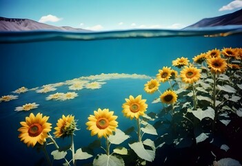 Fototapeta na wymiar A vibrant cluster of sunflower-like yellow wildflowers blanketing the edge of a steaming hot spring, contrasting beautifully against the deep blue water.