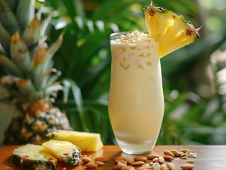 A glass of a drink with a pineapple slice on top