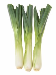 Three green onions are displayed on a white background. The onions are fresh and ready to be used in a meal