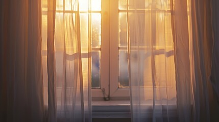 A window with white curtains is open to let in the sun. The curtains are drawn back, revealing the inside of the room. The sunlight is shining through the window, creating a warm