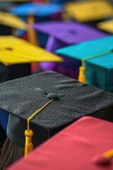 A row of graduation caps with yellow tassels. The caps are of different colors, including red, blue, and purple