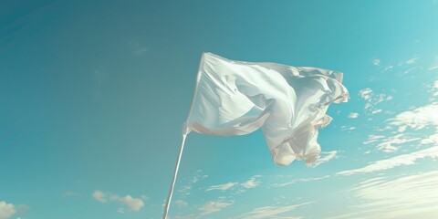 A white flag is flying in the sky. The sky is blue and clear. The flag is the only thing visible in the image