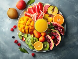 A plate of fruit with a glass of orange juice. The plate is full of different fruits including oranges, kiwis, and apples