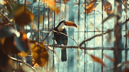 Striking toucan perched on branch, observing surroundings in cage.