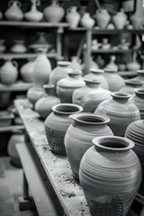 A black and white photo of a pottery shop with many vases on display. The vases are of various shapes and sizes, and they are all made of clay. The shop appears to be a place where people can buy