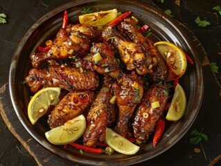 A plate of chicken wings with lemon slices and red peppers. The plate is on a wooden table
