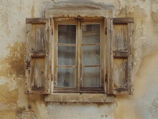 A window with wooden shutters and a window pane