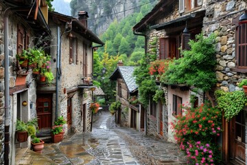 Quaint medieval style village in Europe. - obrazy, fototapety, plakaty
