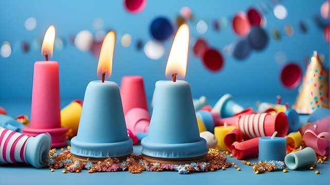 Birthday party caps, blowers and candles on blue background, birthday, party, caps, blowers, candles, blue, background, celebration, decoration, candle, holiday, hat, tree, winter, design