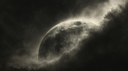 Dramatic view of the moon's surface against a starry night sky. - obrazy, fototapety, plakaty