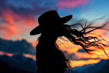 Woman Wearing Hat Silhouetted Against Sky in Early Evening Twilight as the Wind Blows her Hair.  Generative AI.
