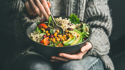 Healthy Vegetarian Dinner Woman Jeans Warm - obrazy, fototapety, plakaty