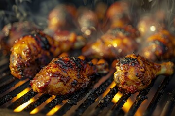 A plate of chicken wings is cooking on a grill. The wings are brown and crispy, and the grill is smoking