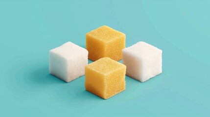 Four cubes of sugar are arranged on a blue background. The cubes are of different colors, with one being yellow and the other three being white