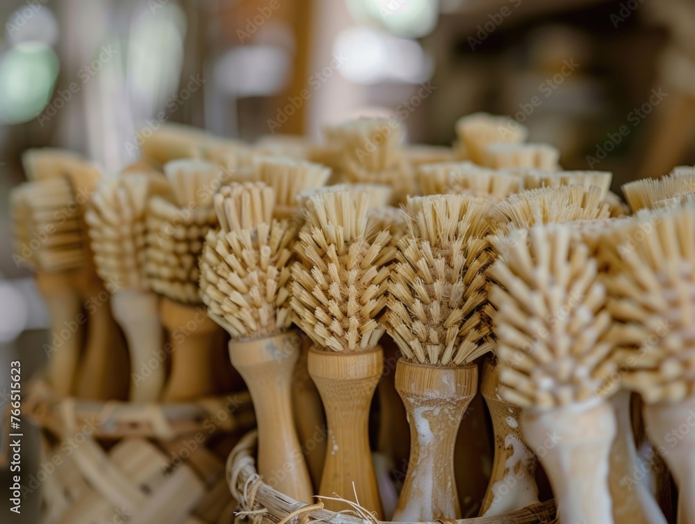 Poster a bunch of wooden brushes are displayed in a basket. the brushes are all different sizes and shapes,